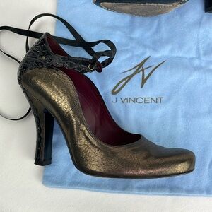 J VINCENT Scalloped Heel Bronze/Brown Metallic Leather Ankle Ribbon Tie Heels